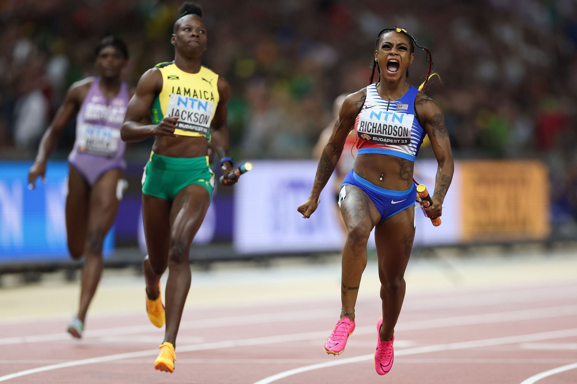 Shericka Jackson and Sha'Carri Richardson at the 2023 WAC in Budapest. (Image by Getty)